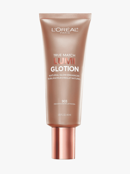 L’Oréal Paris True Match Lumi Glotion in branded tube component on a light gray background